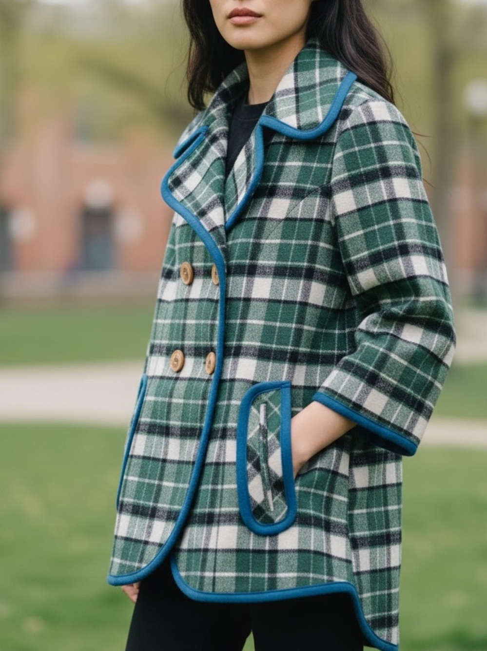 Anthropologie Tabbitha Y2K Green and White Plaid Wool Fall Winter Pea Coat XS